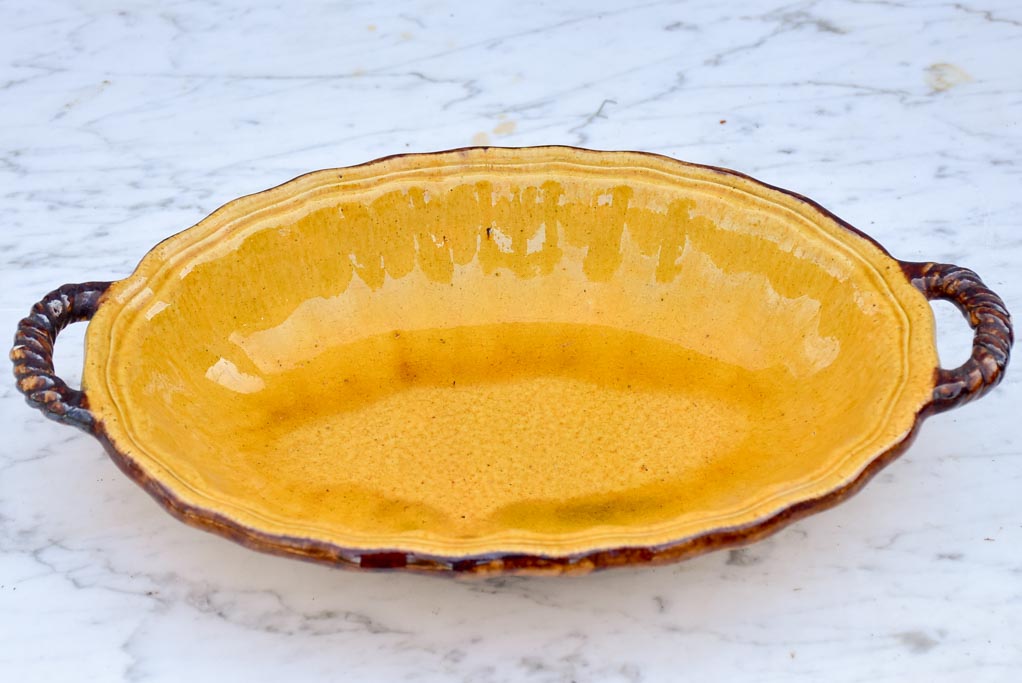 Mid-century yellow / orange French Dieulefit plate with handles