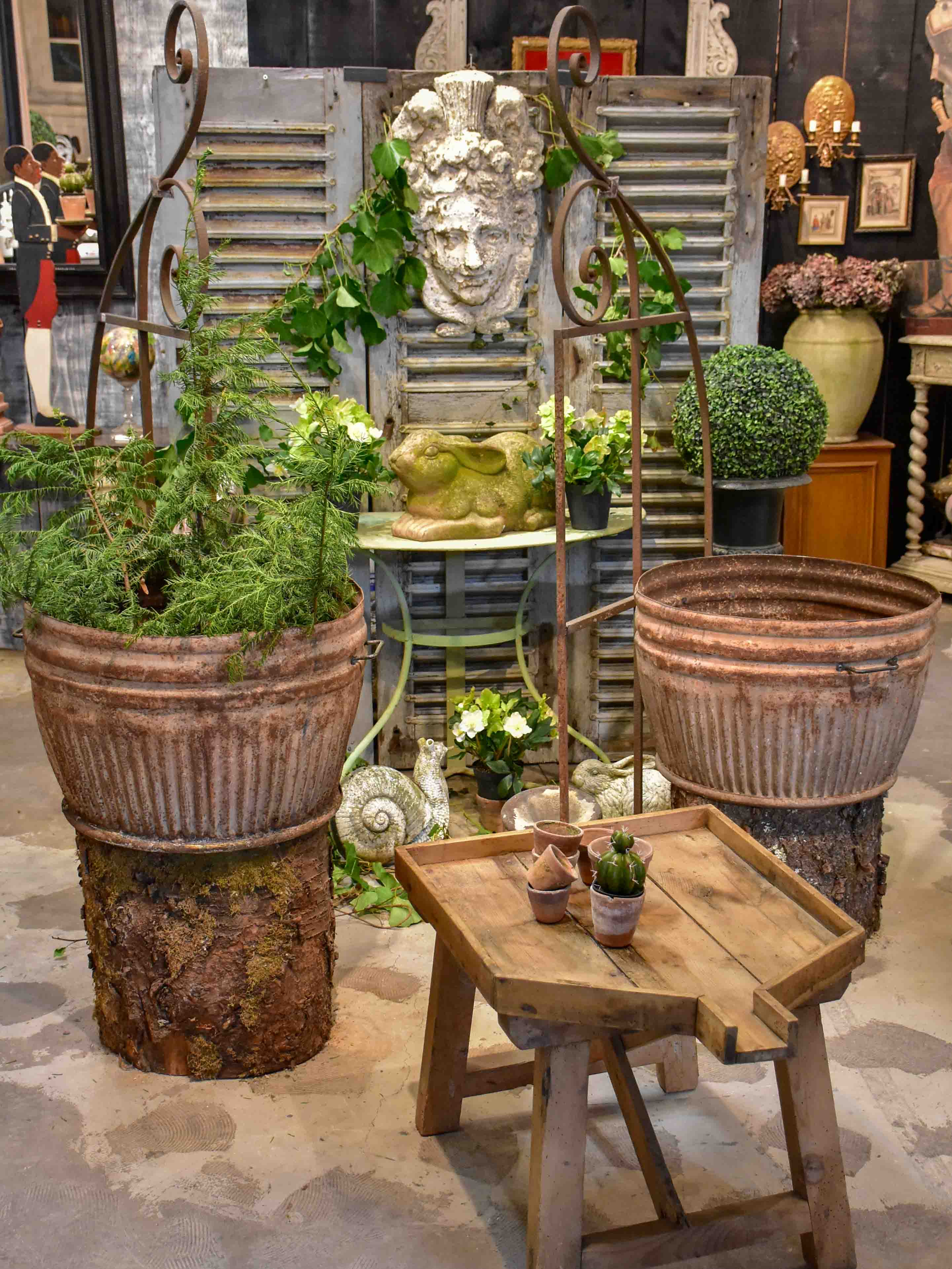 Two very large metal pot plant stands - antique French