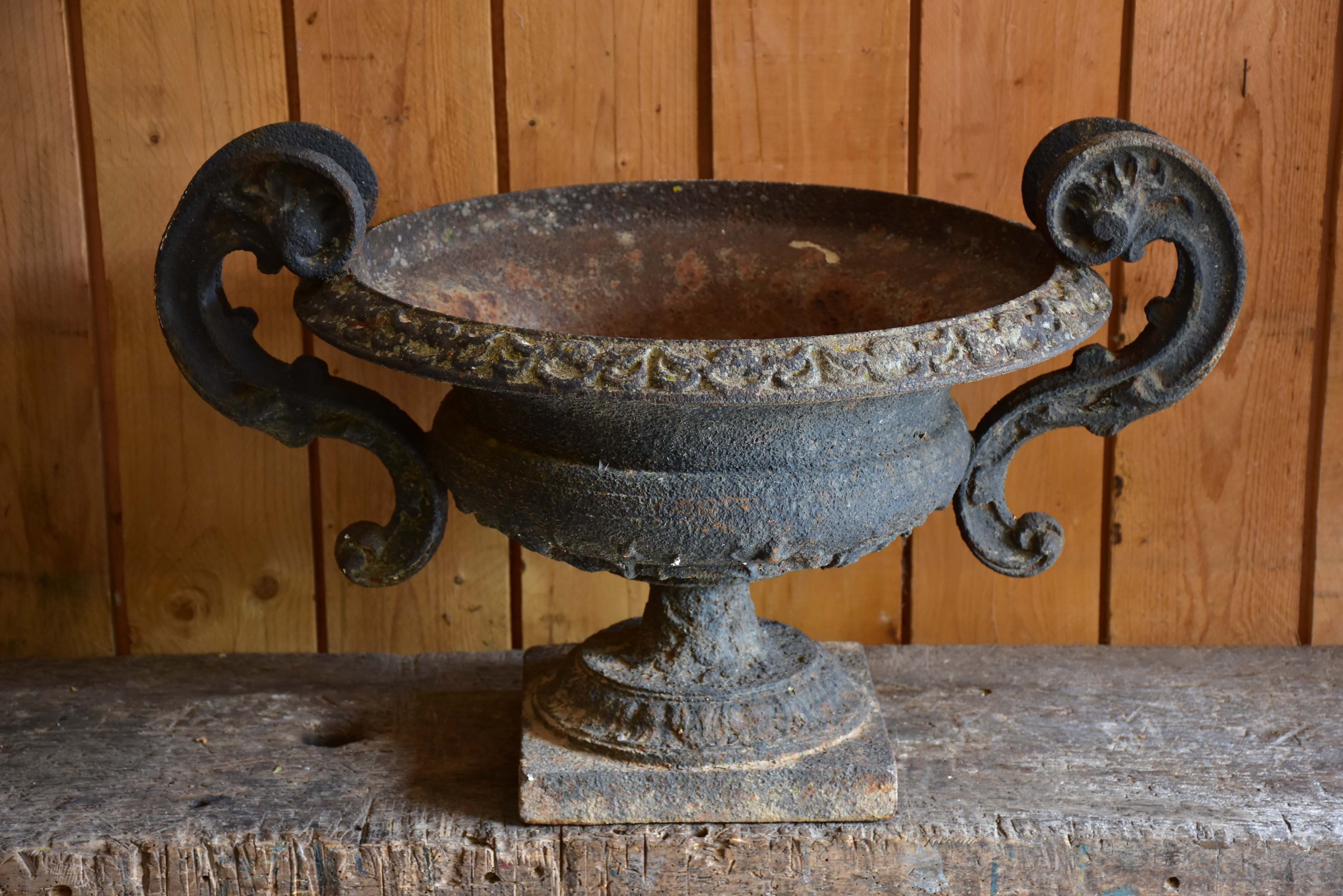 Large cast iron French garden urn with decorative handles – 19th century