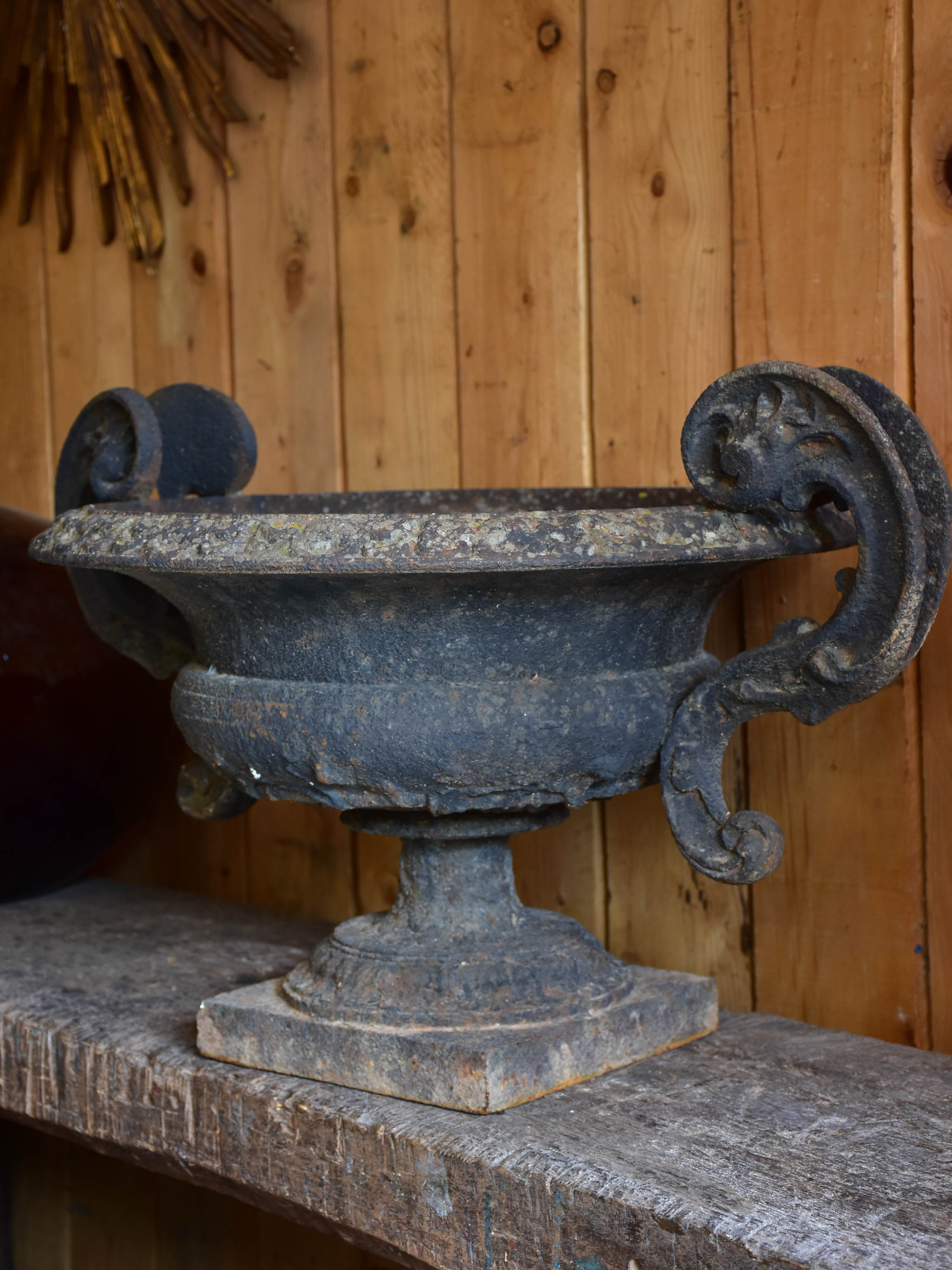 Large cast iron French garden urn with decorative handles – 19th century