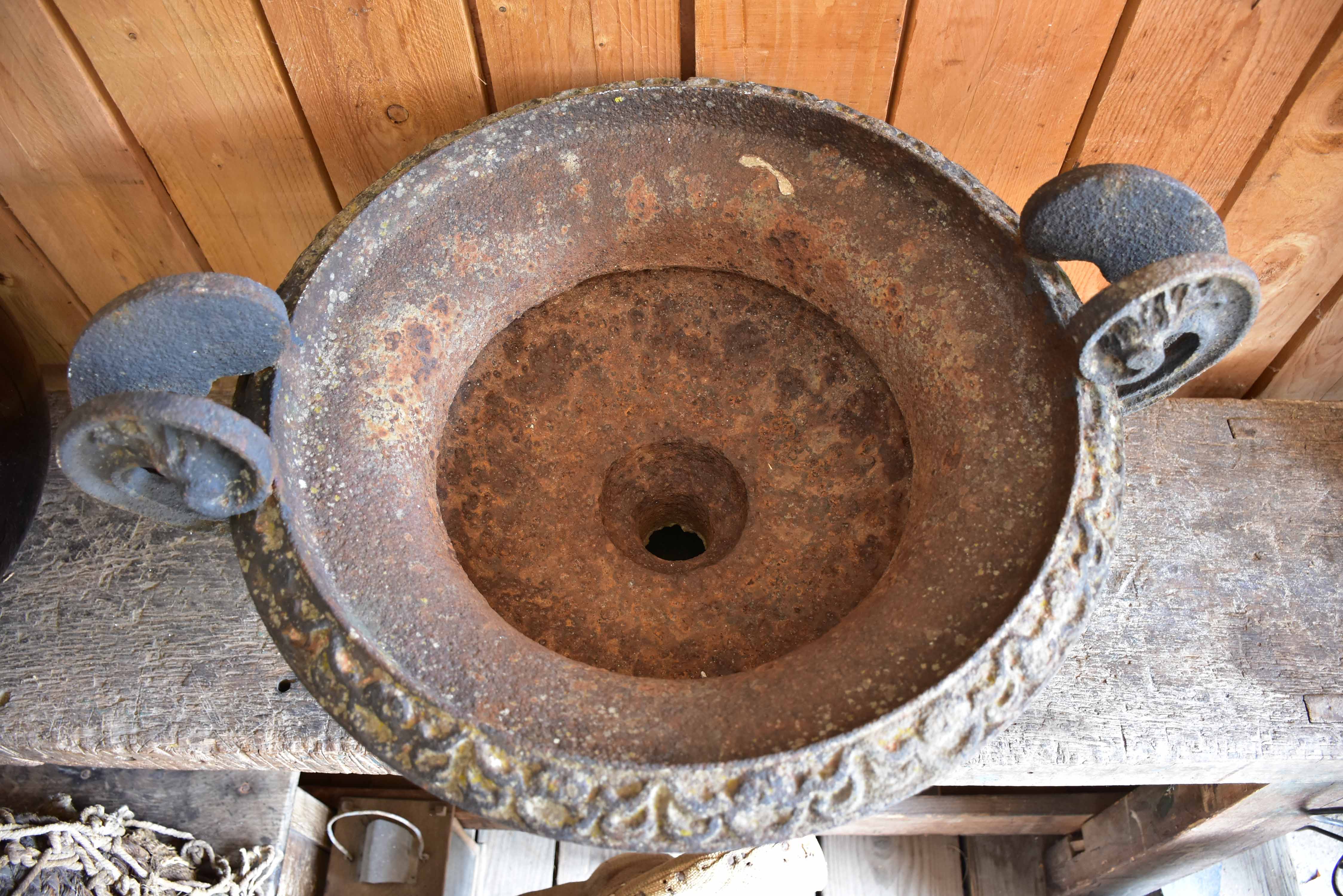 Large cast iron French garden urn with decorative handles – 19th century