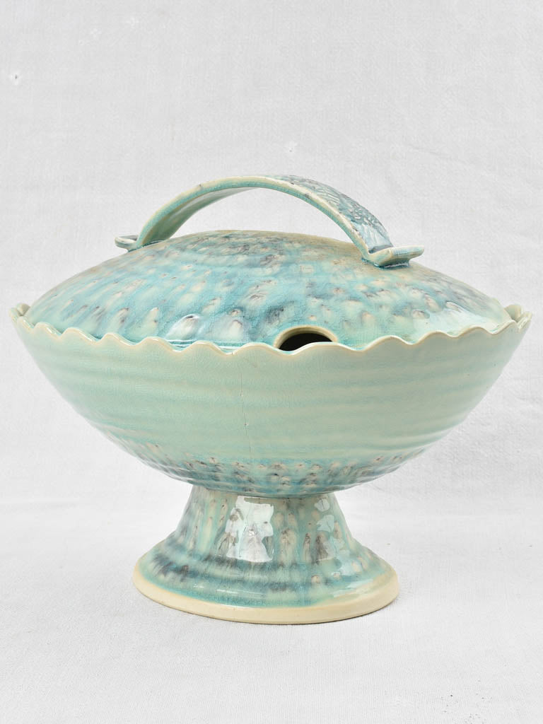 Vintage oval soup tureen with light aqua blue glaze 11¾"