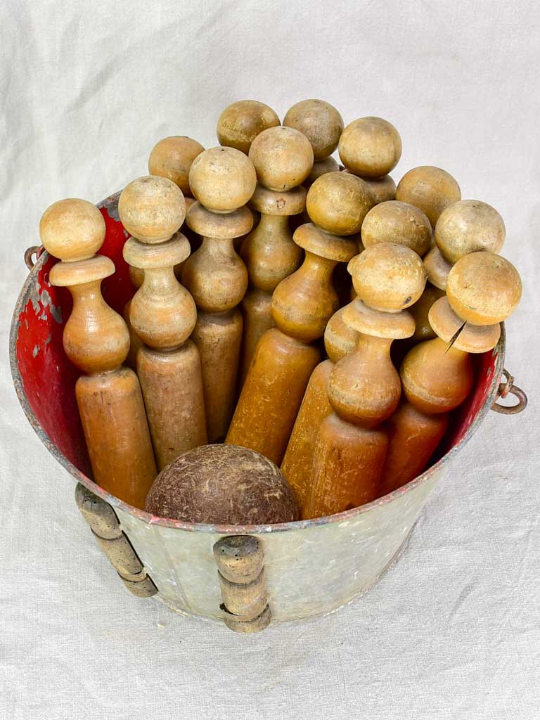 Antique French skittles game - 14 wooden pins, one ball