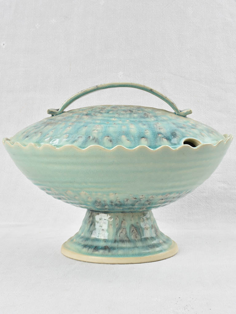 Vintage oval soup tureen with light aqua blue glaze 11¾"