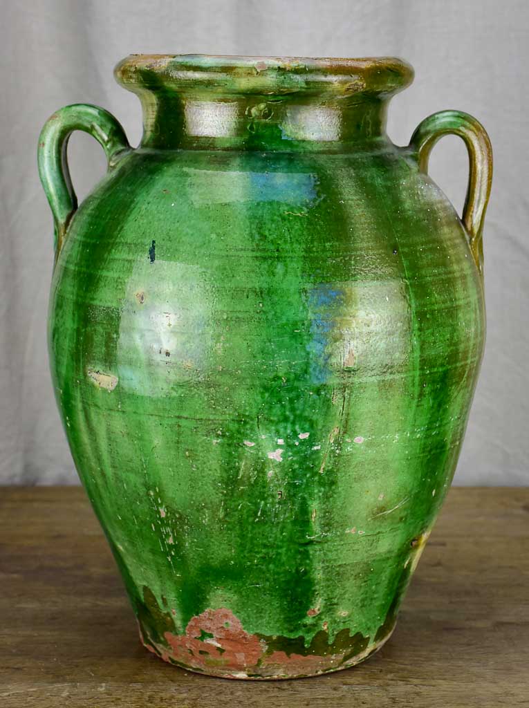 Antique French olive jar with green glaze - Anduze 19"