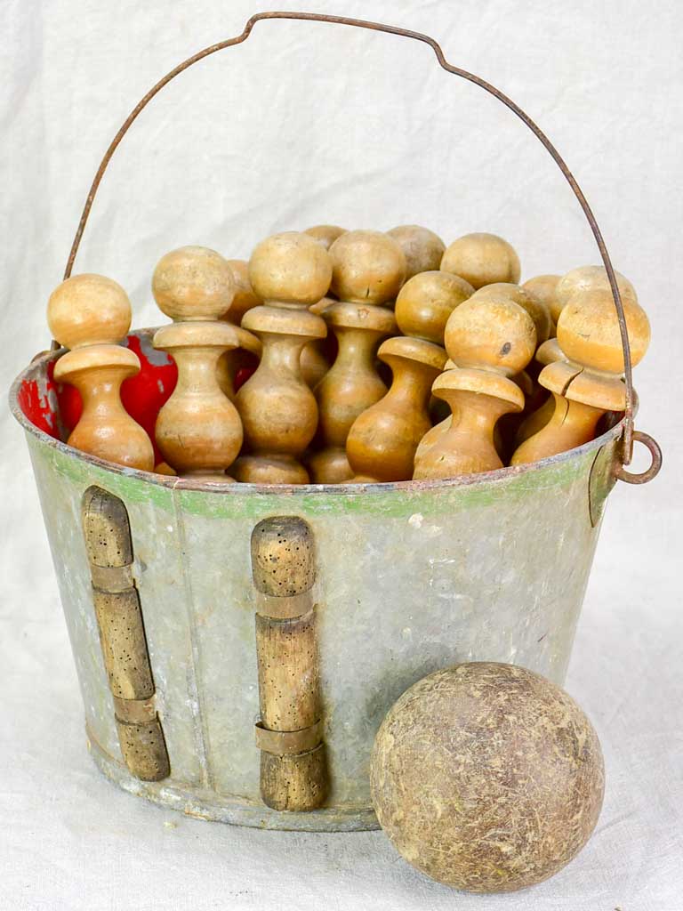 Antique French skittles game - 14 wooden pins, one ball