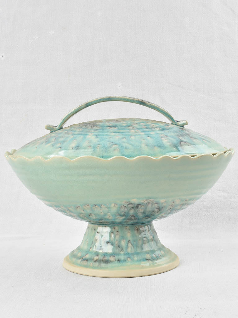 Vintage oval soup tureen with light aqua blue glaze 11¾"