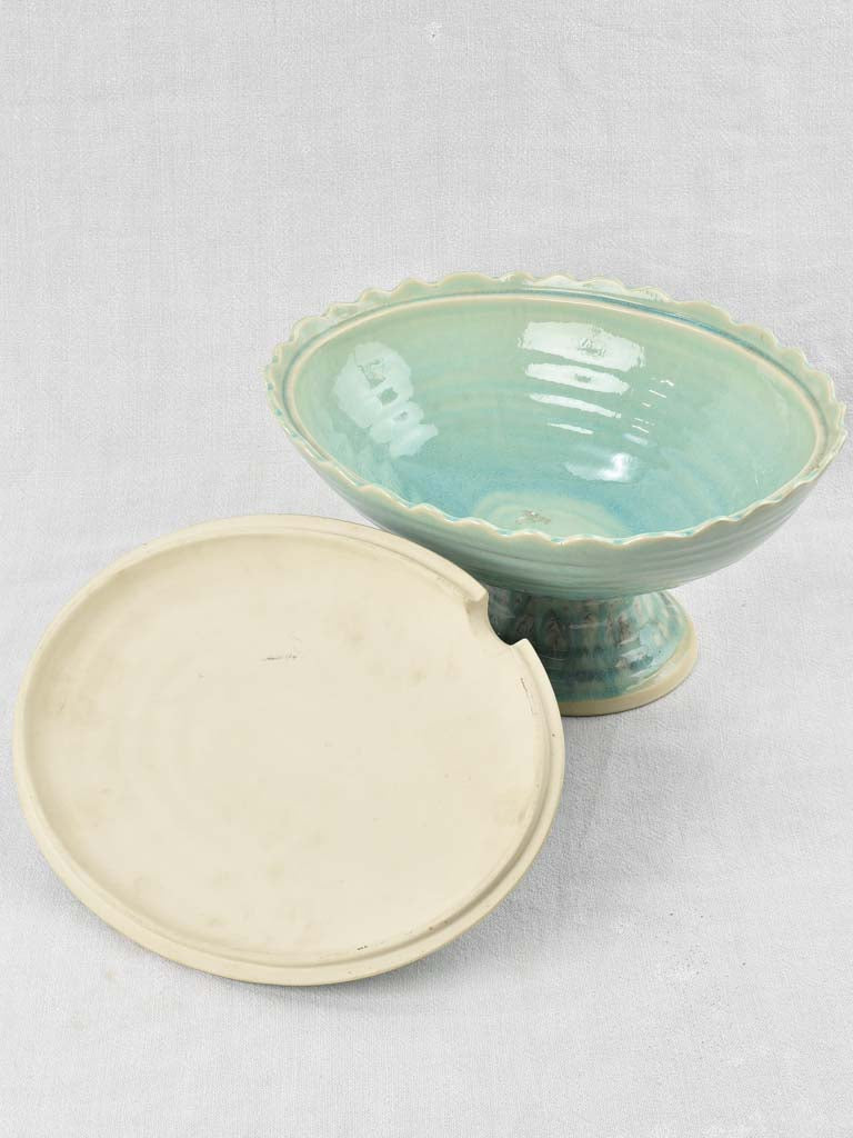 Vintage oval soup tureen with light aqua blue glaze 11¾"