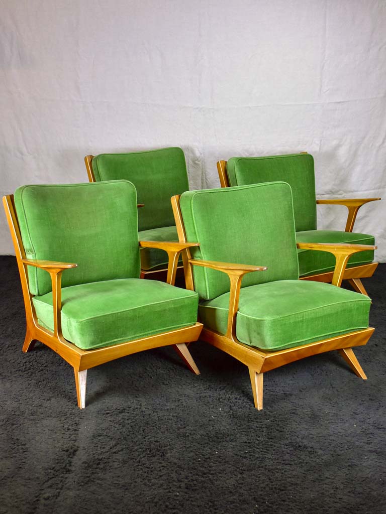 Pair of scandinavian armchairs with green velour upholstery