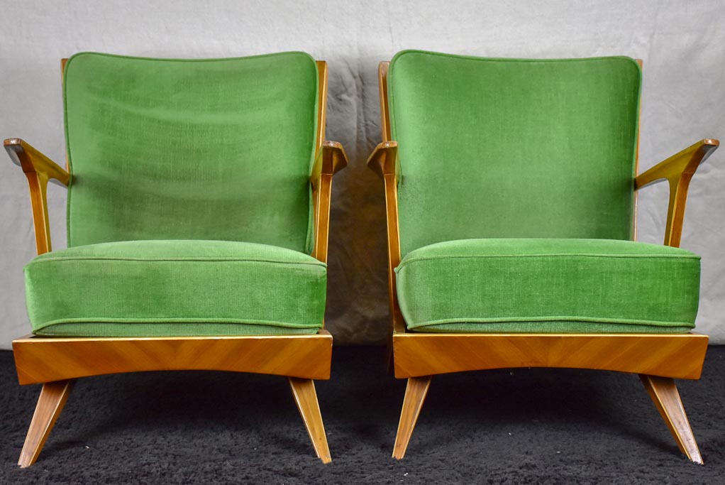 Pair of scandinavian armchairs with green velour upholstery