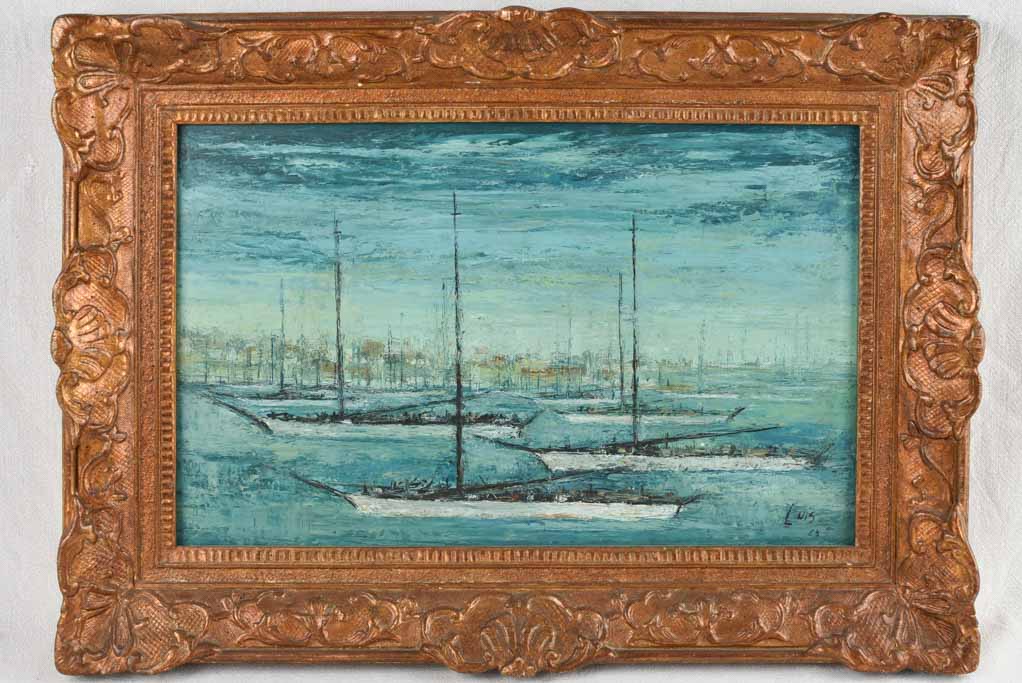 Antique French seascape painting with masted ships 21¾" x 30¼"