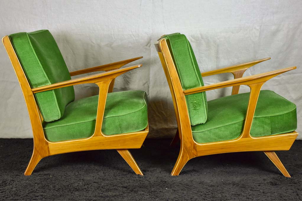 Pair of scandinavian armchairs with green velour upholstery