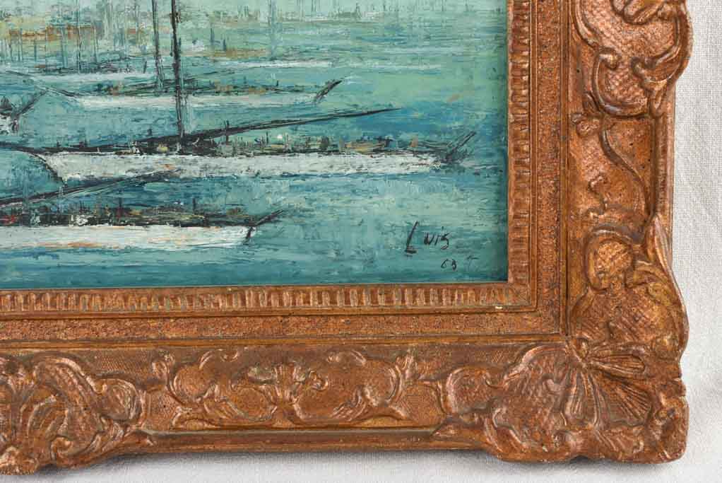 Antique French seascape painting with masted ships 21¾" x 30¼"