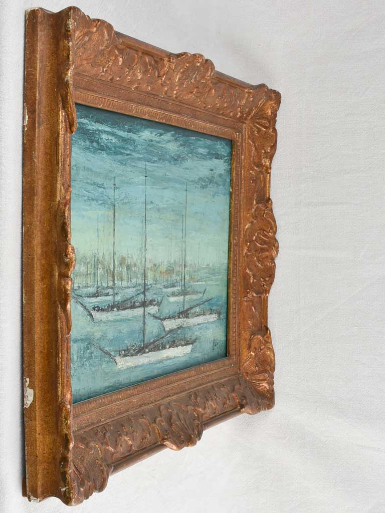 Antique French seascape painting with masted ships 21¾" x 30¼"