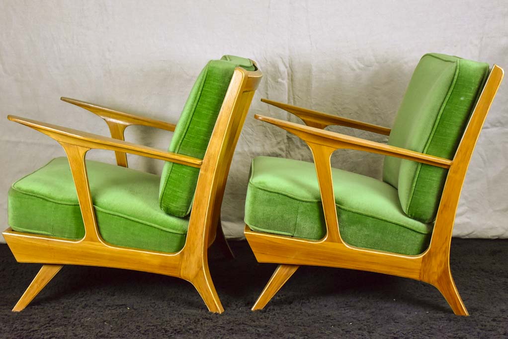 Pair of scandinavian armchairs with green velour upholstery