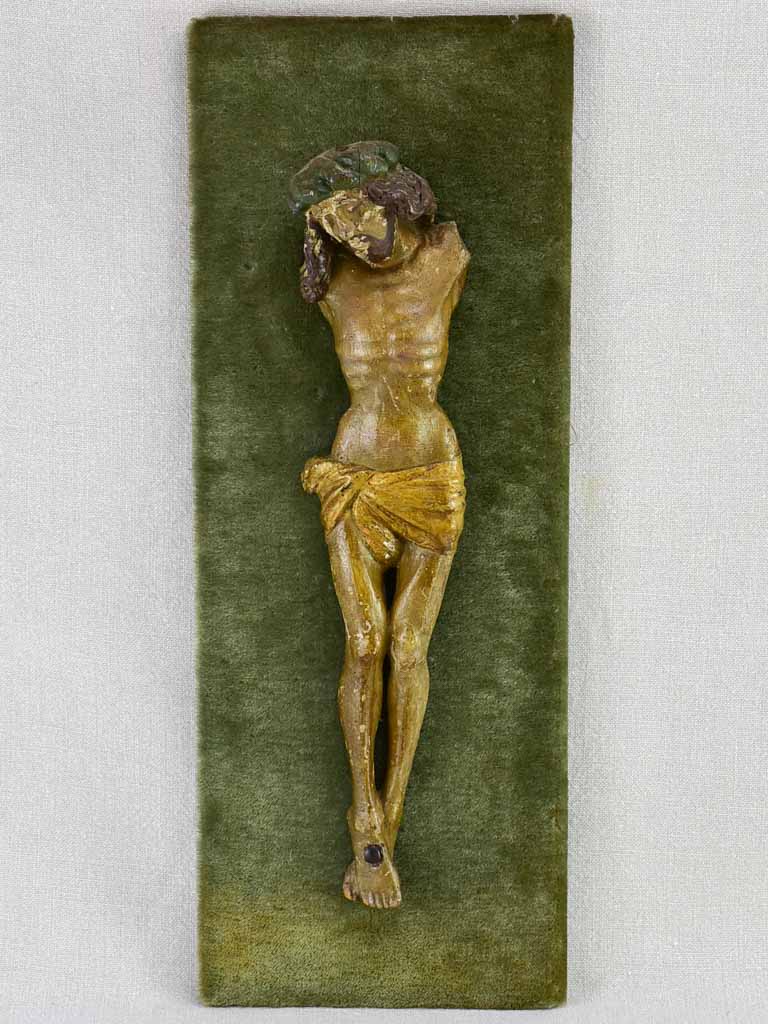 18th Century carved statue of Christ on green velour 21¼" x  8"