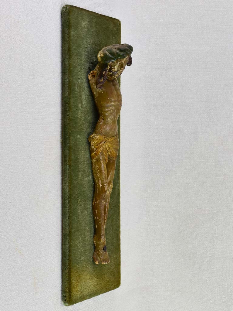 18th Century carved statue of Christ on green velour 21¼" x  8"