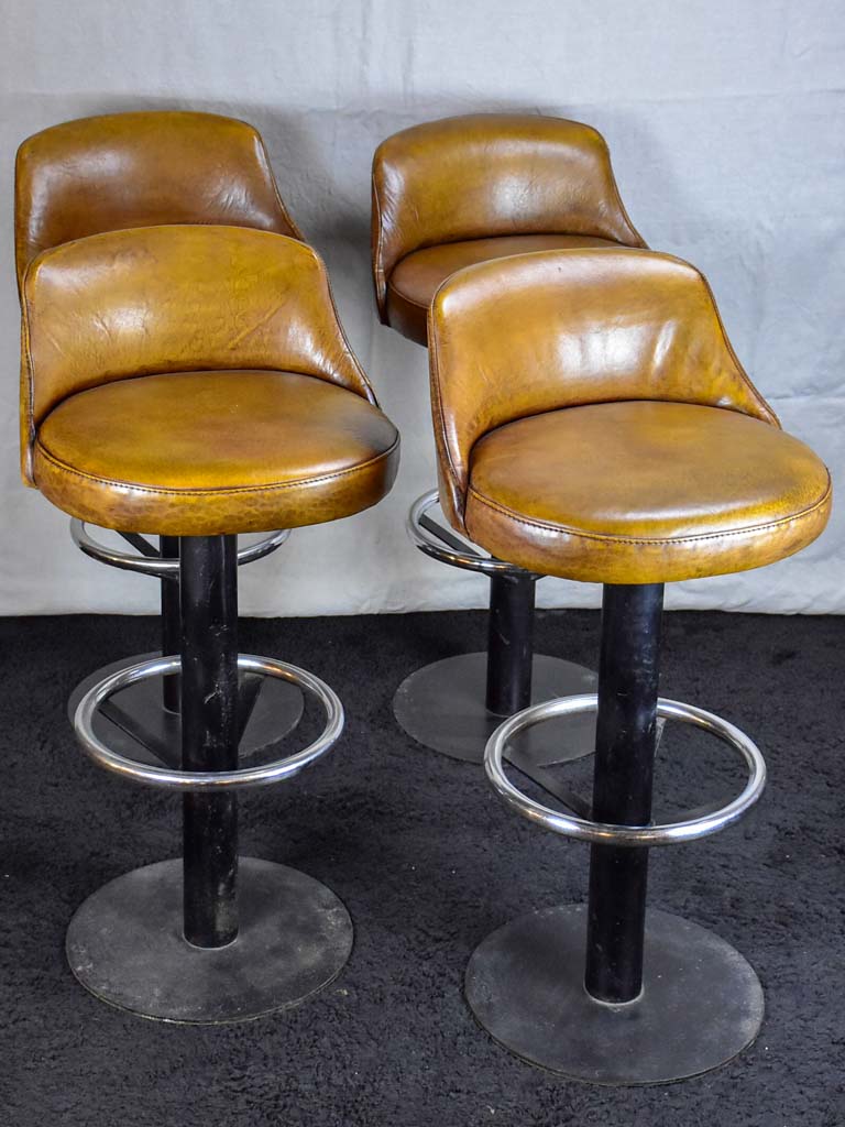 Set of four mid century French leather barstools