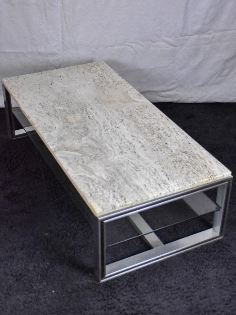 1970's travertine, glass, chrome coffee table - Michel Ducaroy