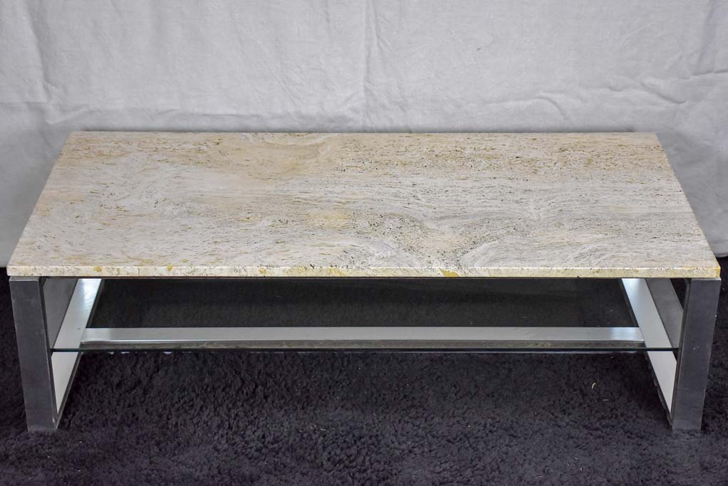 1970's travertine, glass, chrome coffee table - Michel Ducaroy