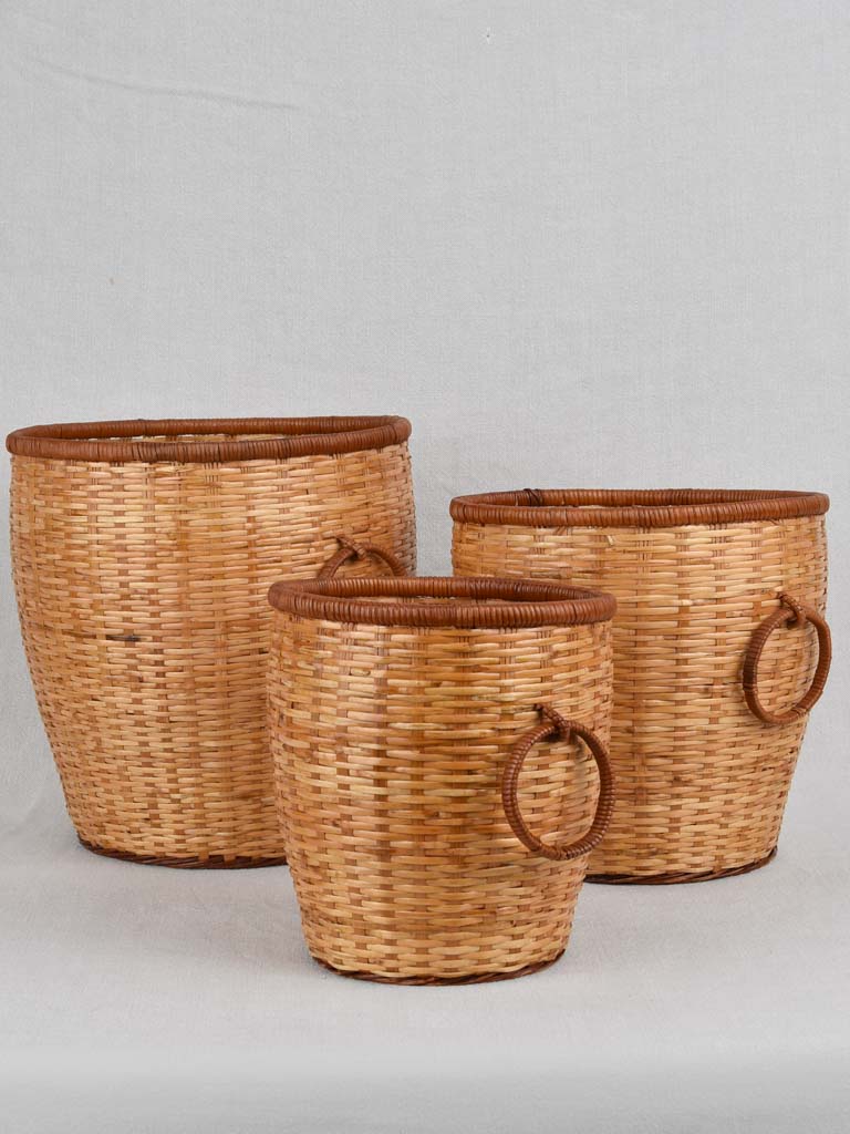 Vintage wicker cachepots 8¾" - 12¼" high (three)