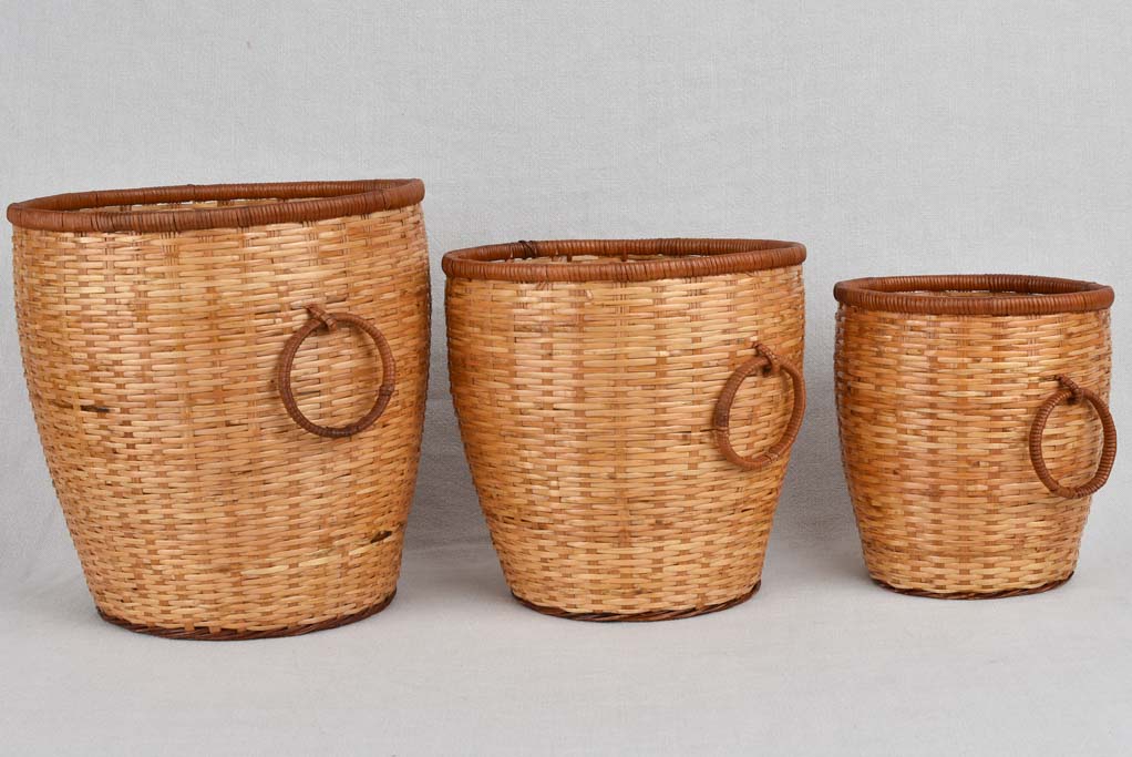 Vintage wicker cachepots 8¾" - 12¼" high (three)