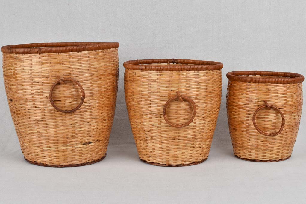 Vintage wicker cachepots 8¾" - 12¼" high (three)