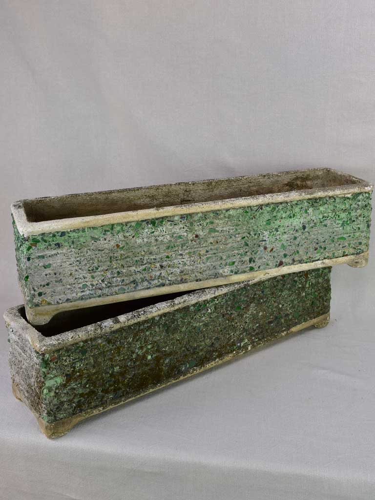 Pair of mid century cement and green glass rectangular planters 32"