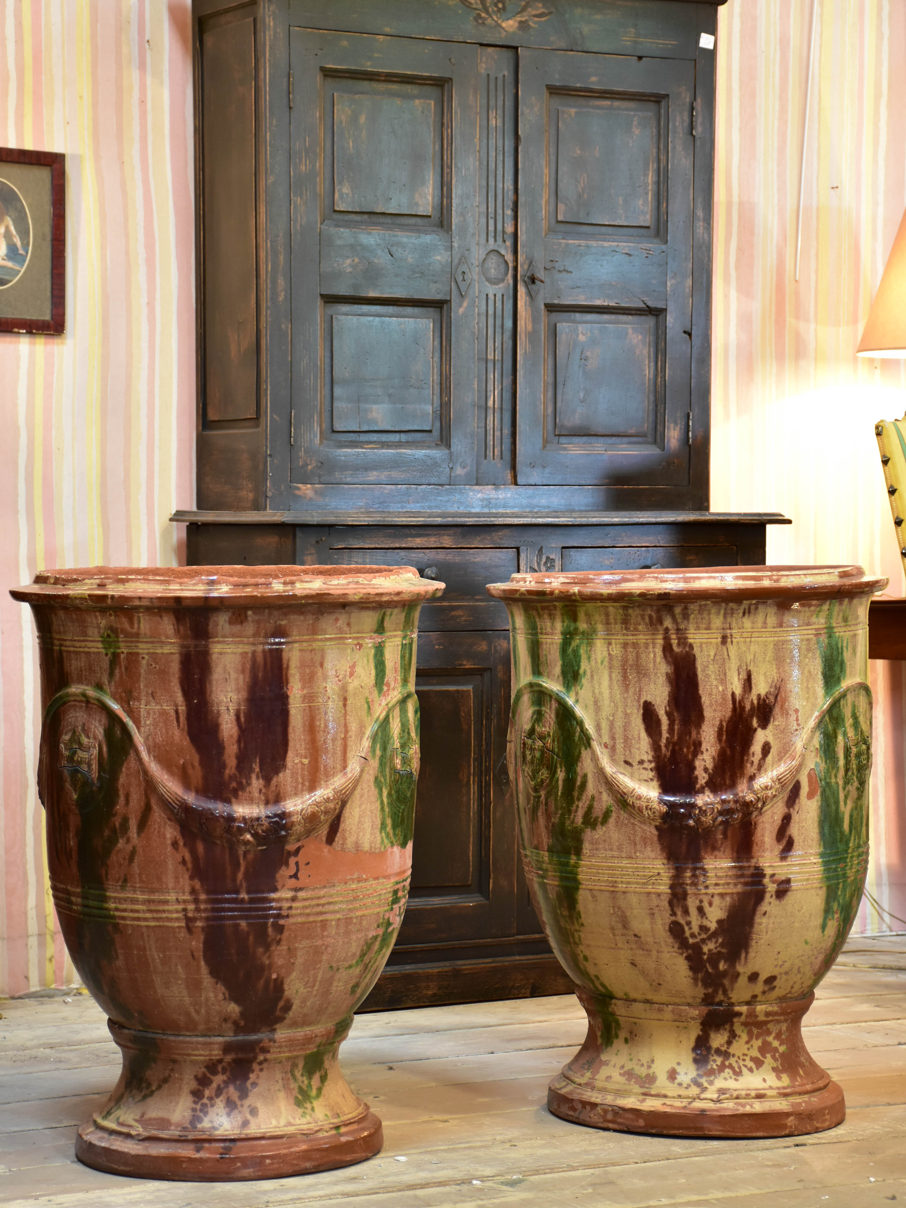 Pair of large flame glazed Anduze urns branded BOISSET