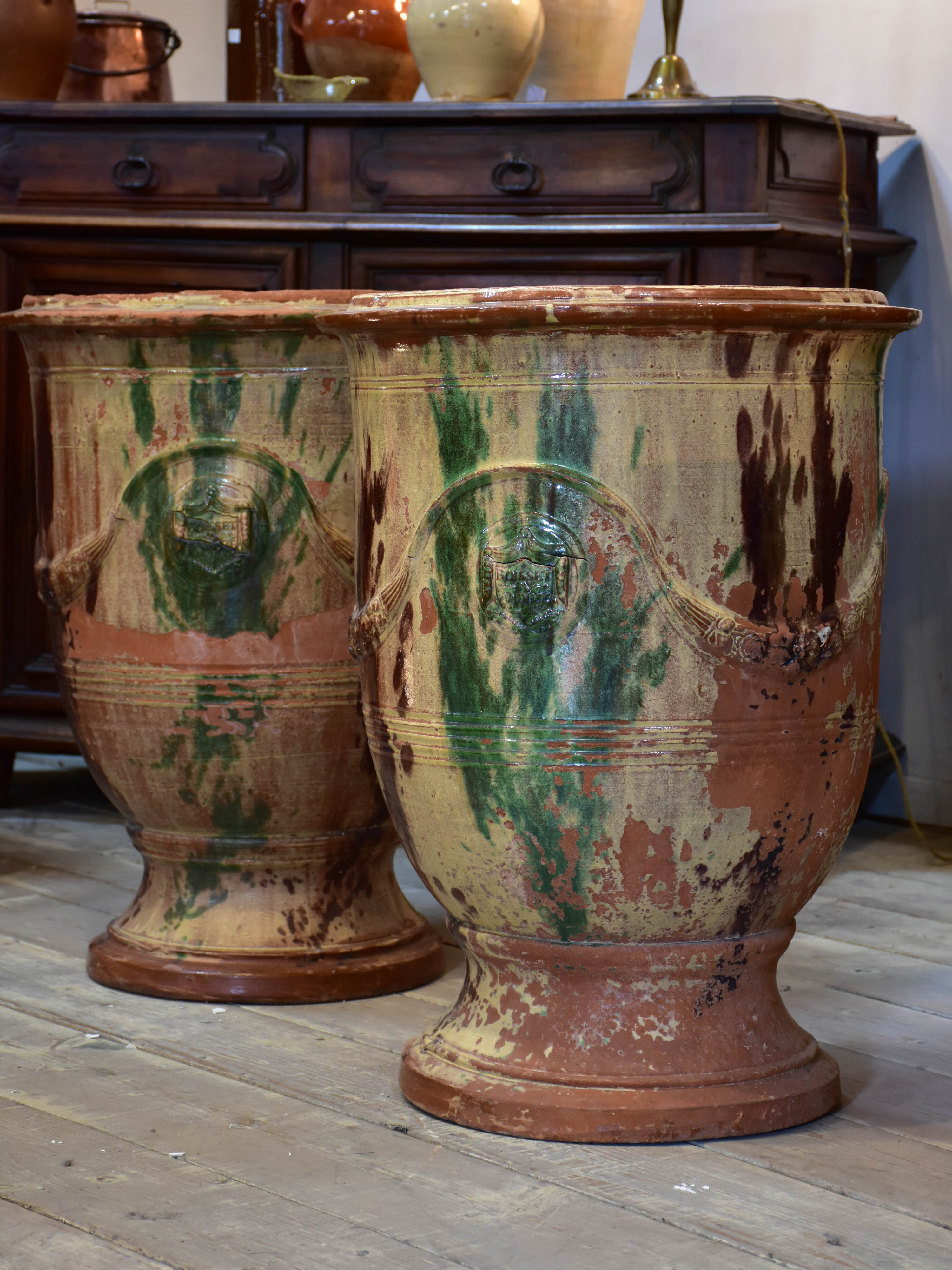 Pair of large flame glazed Anduze urns branded BOISSET