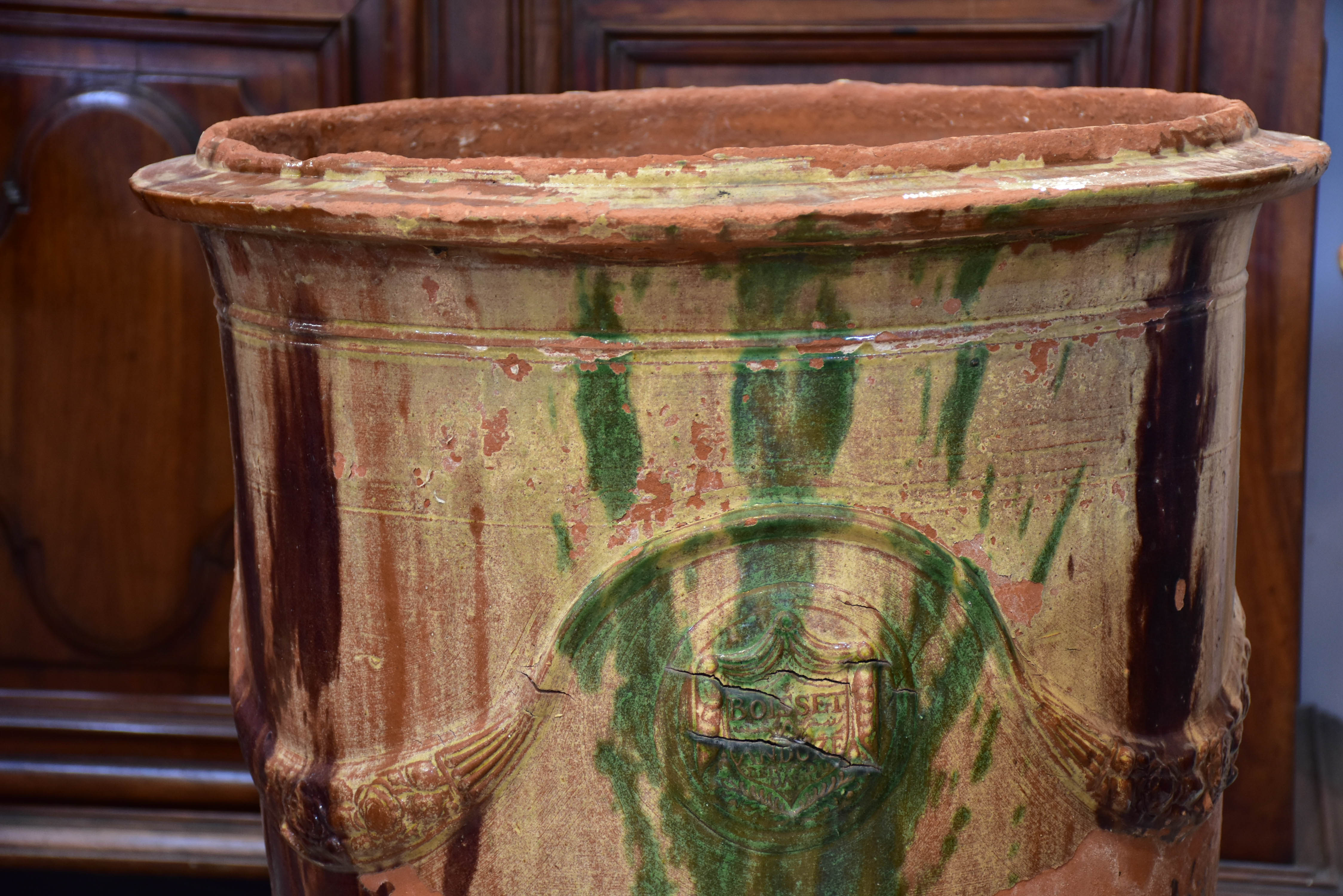 Pair of large flame glazed Anduze urns branded BOISSET