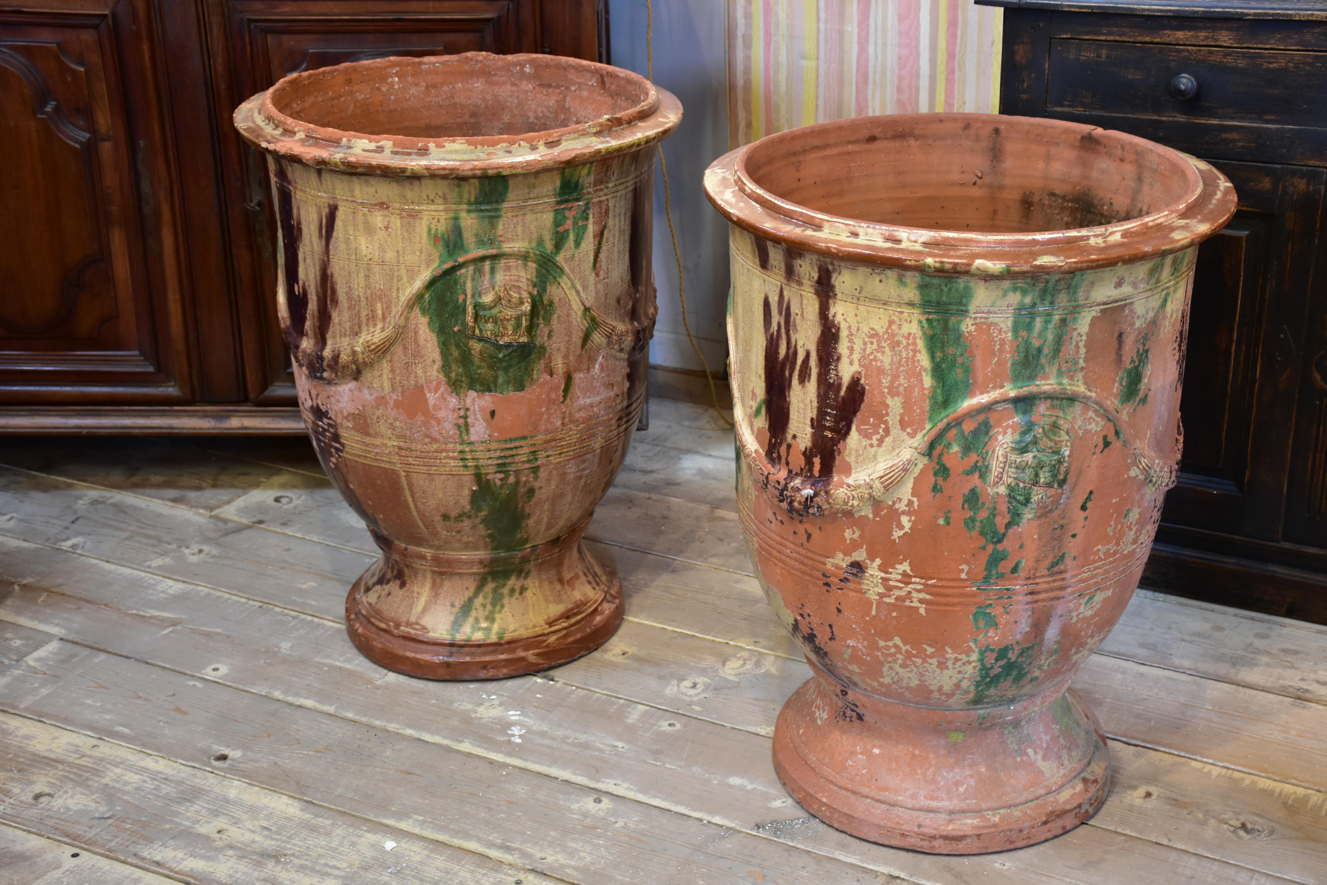 Pair of large flame glazed Anduze urns branded BOISSET