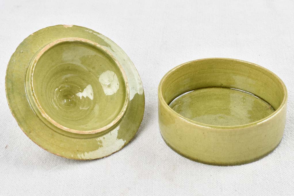 Vintage olive green ramekin with conical lid from Dieulefit 4¾"