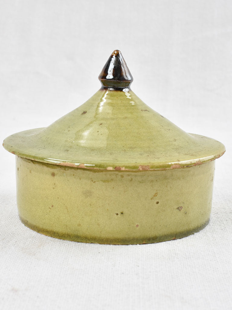 Vintage olive green ramekin with conical lid from Dieulefit 4¾"