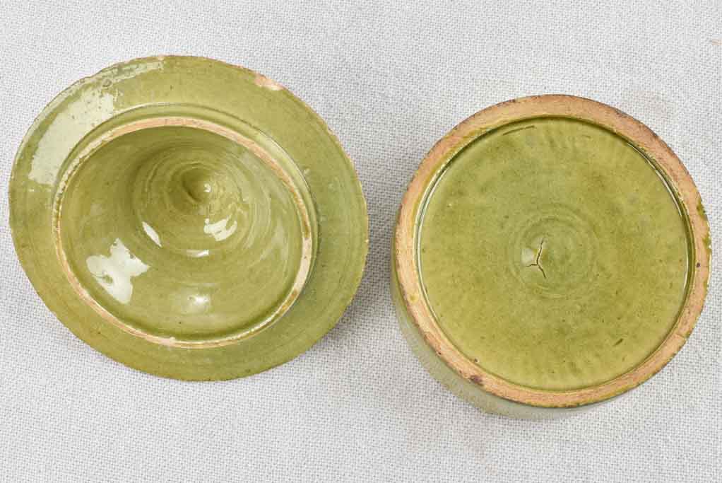 Vintage olive green ramekin with conical lid from Dieulefit 4¾"