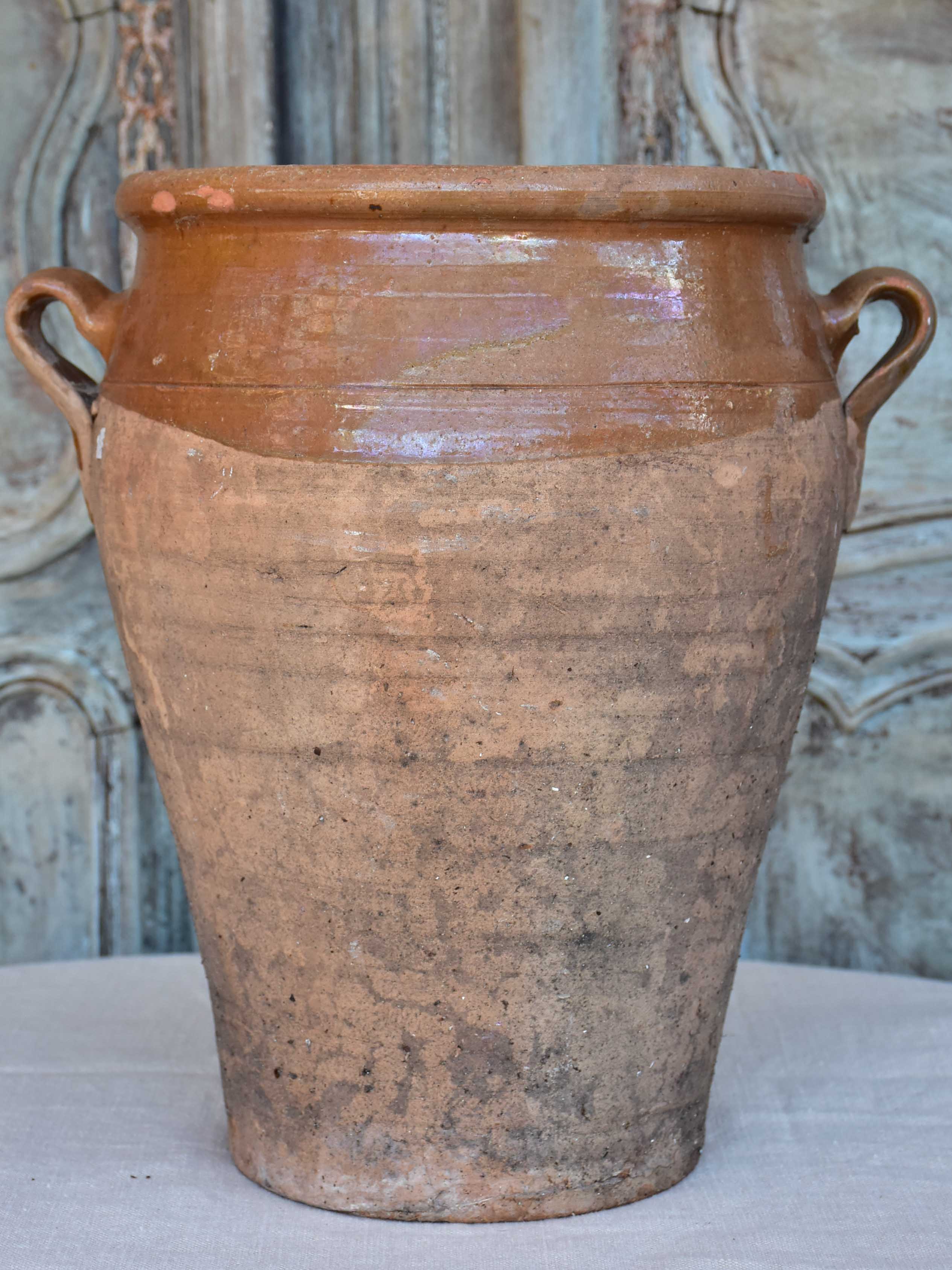 Antique French confit pot with brown glaze