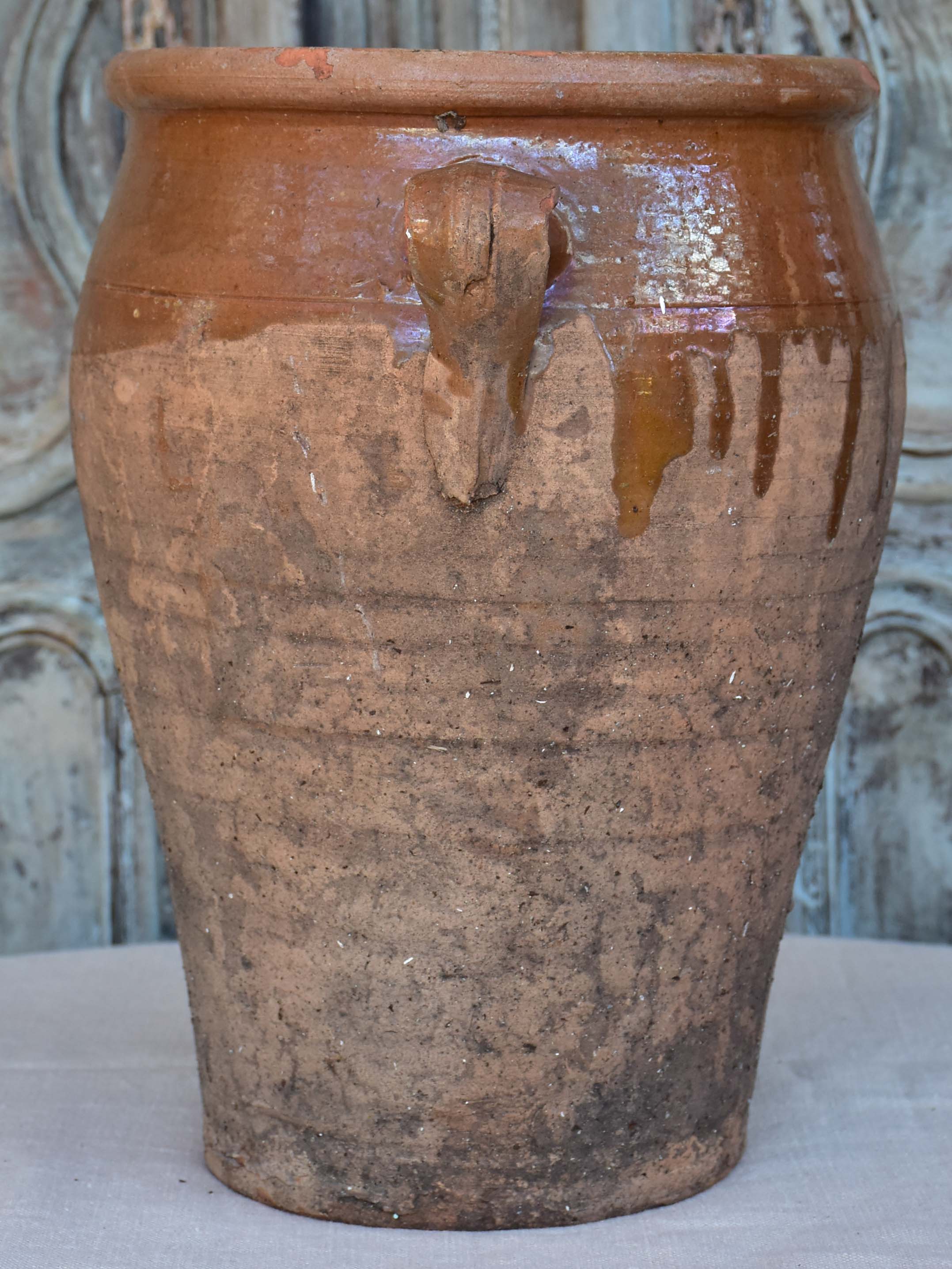 Antique French confit pot with brown glaze