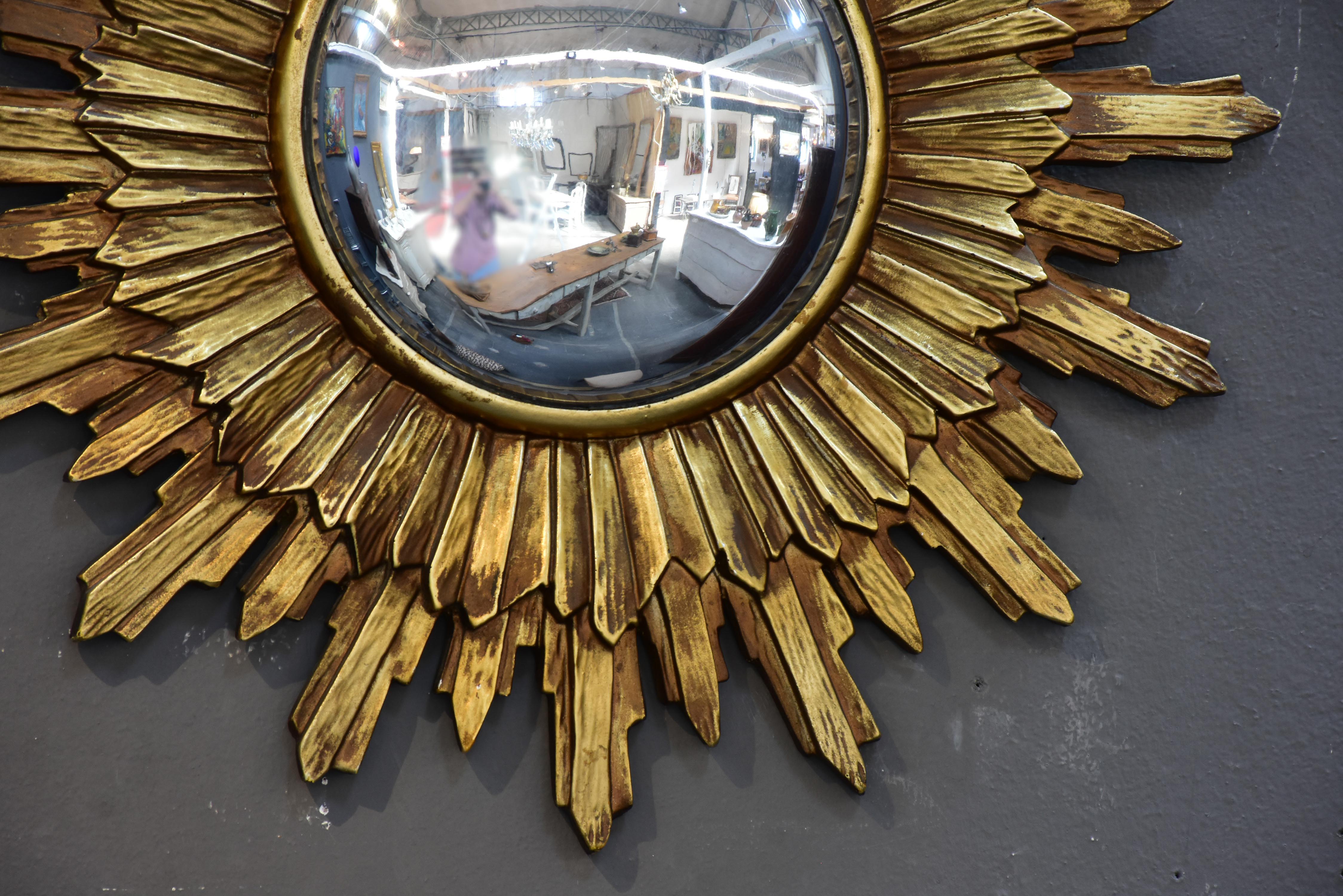 Vintage gilded sunburst mirror with convex glass