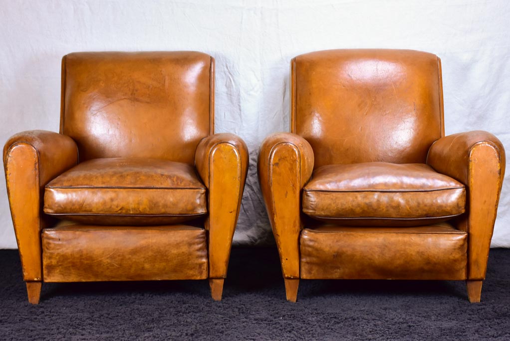 Pair of petite French leather club chairs - 1960's