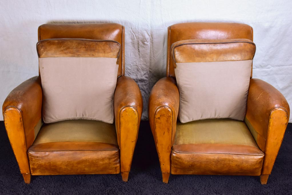 Pair of petite French leather club chairs - 1960's