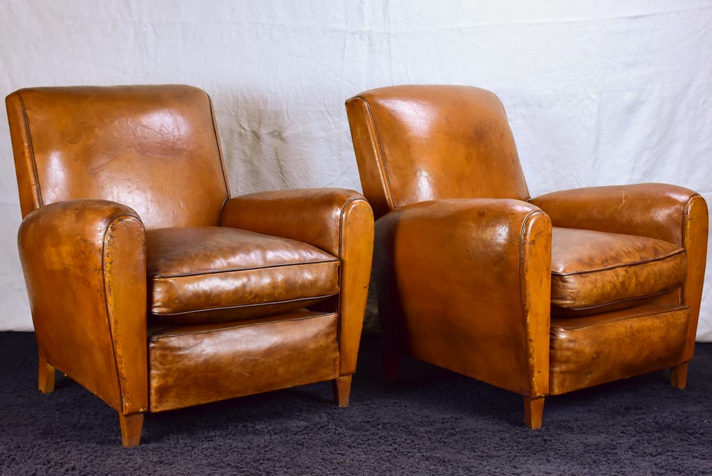 Pair of petite French leather club chairs - 1960's