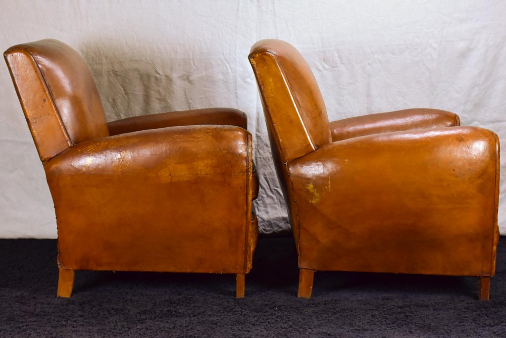 Pair of petite French leather club chairs - 1960's