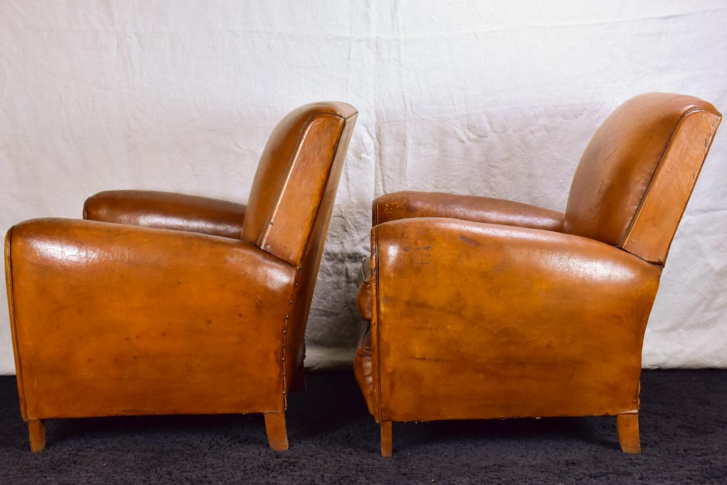 Pair of petite French leather club chairs - 1960's