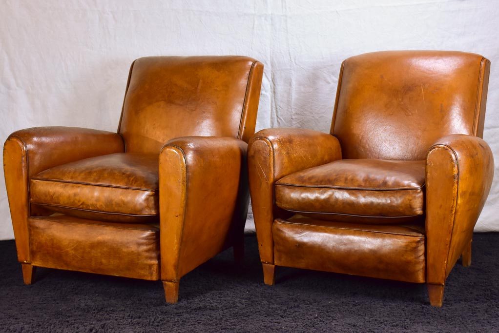 Pair of petite French leather club chairs - 1960's