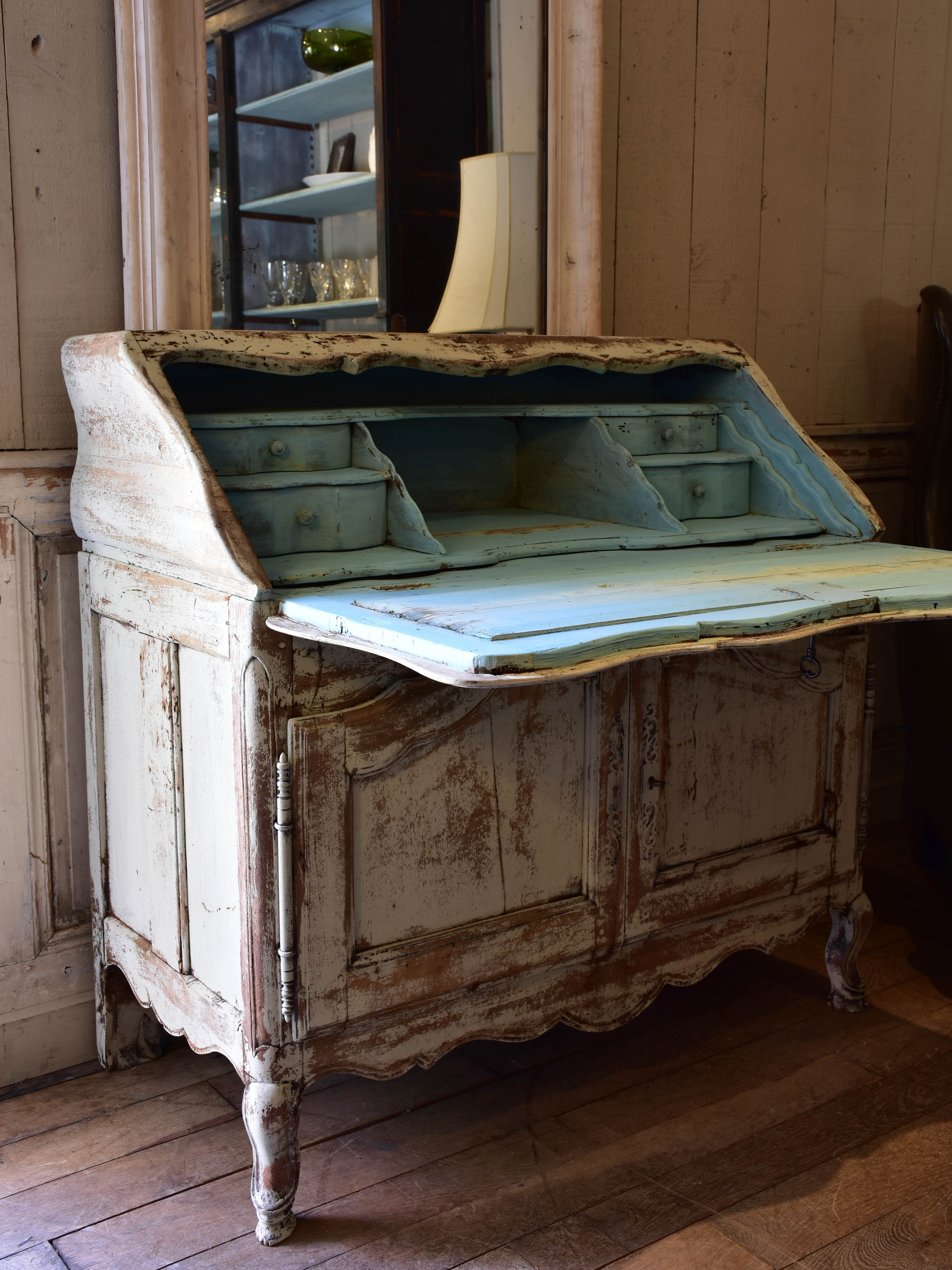 19th century Louis XV secretaire buffet with aqua interior