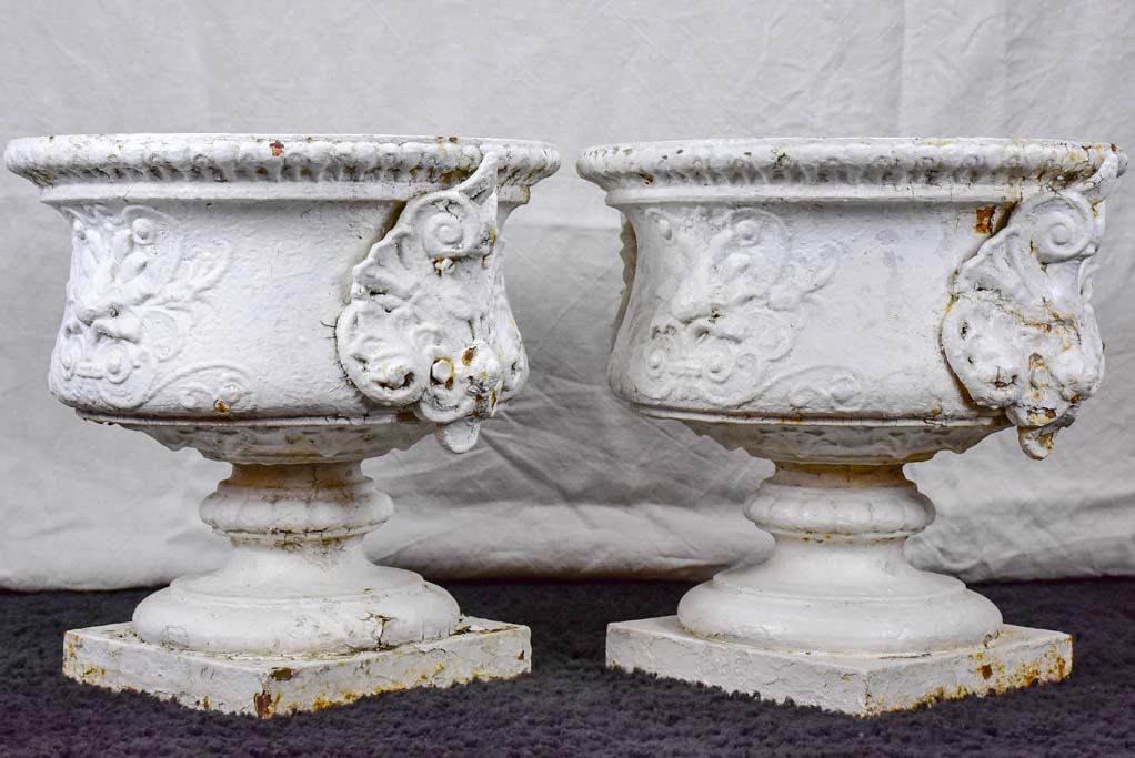 Large pair of antique French cast iron garden urns from Marseille