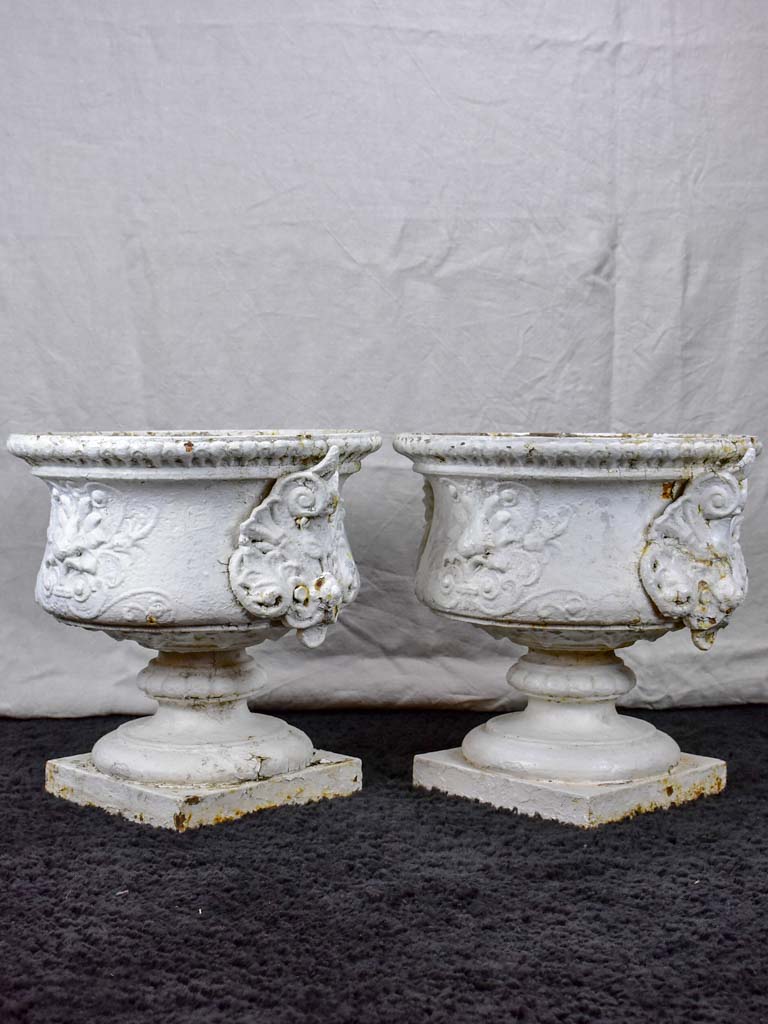 Large pair of antique French cast iron garden urns from Marseille