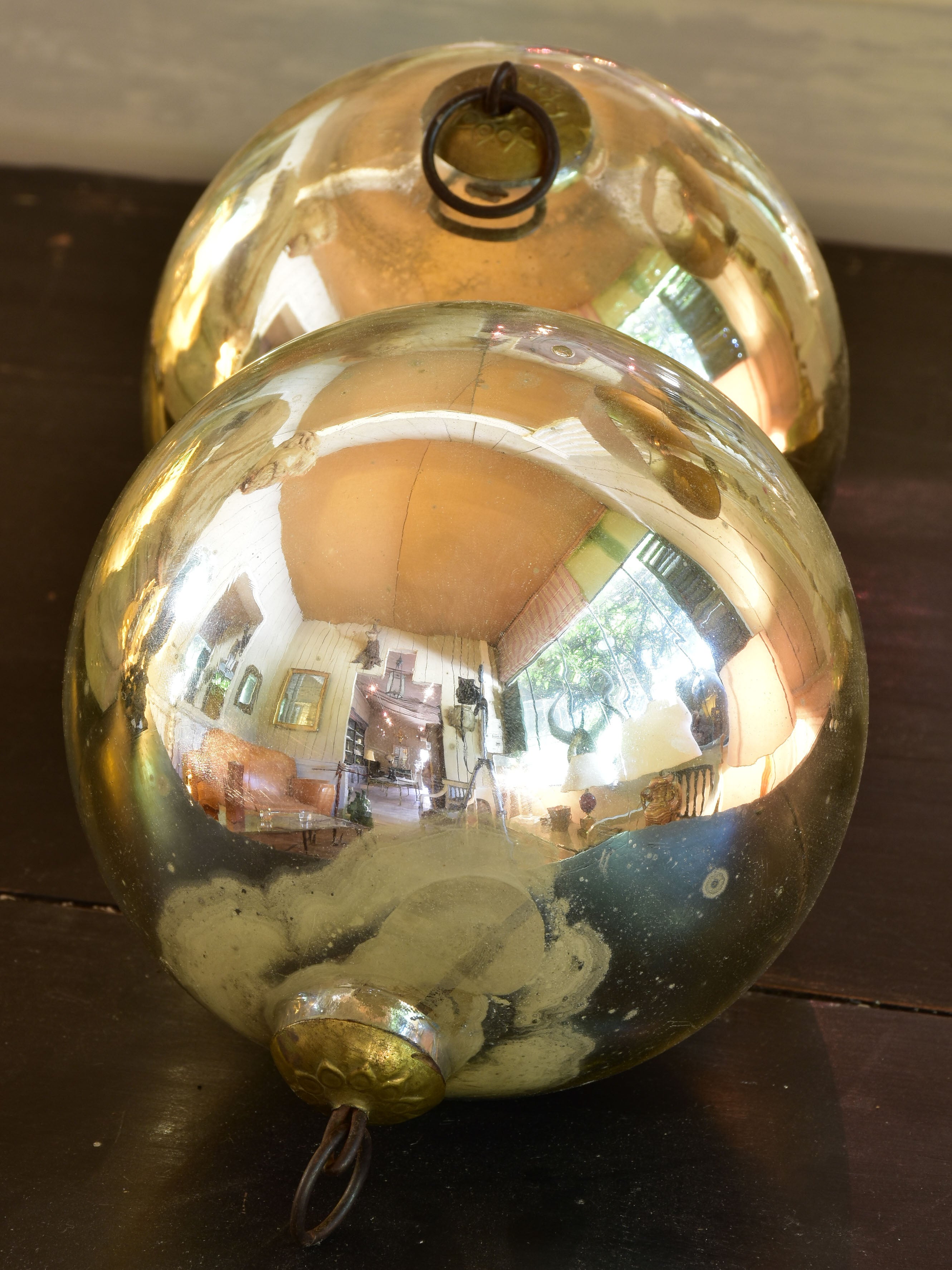 Pair of large mercury glass Christmas baubles for marriage