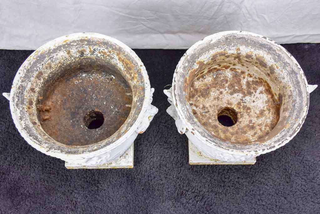 Large pair of antique French cast iron garden urns from Marseille