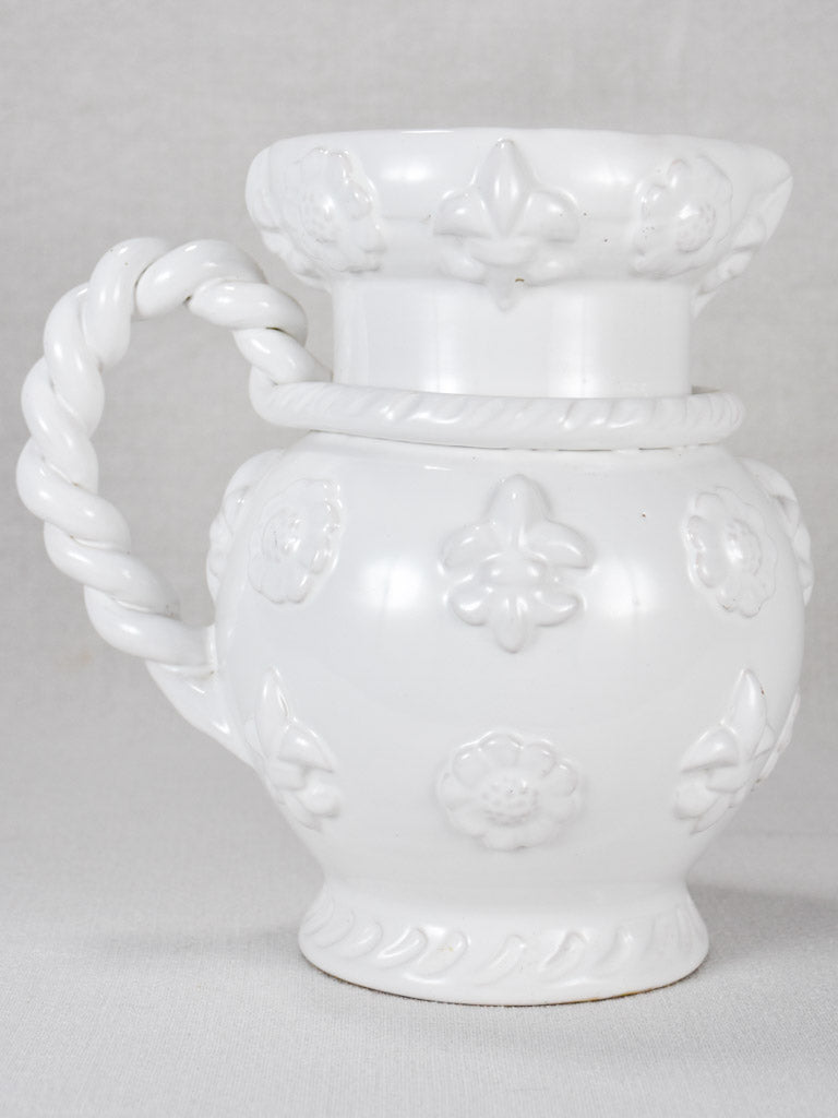 Large 1960s Émile Tessier white ceramic pitcher with fleur de lys 10¼"